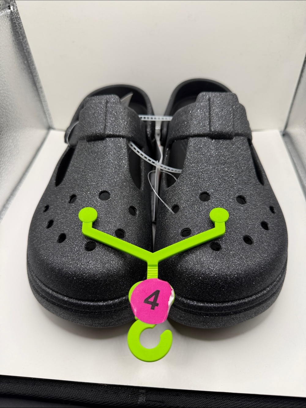 CROCS Kids Black Glitter Clog Sandals with Neon Tag